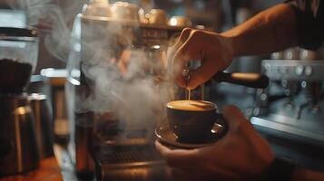 AI generated Barista Creates Intricate Latte Art with Steaming Milk and Espresso Machine in Background photo