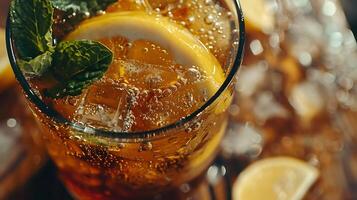 AI generated Refreshing Iced Tea with Lemon and Mint Glistens in Warm Natural Light Resting on Rustic Wooden Table photo