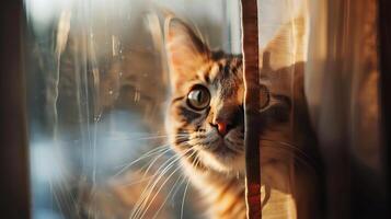 ai generado curioso gato disfruta suave ligero y calentar tonos mediante ventana foto