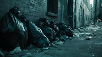 AI generated Homeless Person Huddled On City Street Corner Surrounded by Trash Leaning Against Building with Urban Grungy Backdrop photo