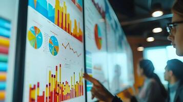 AI generated Office Colleagues Engage in Dynamic Boardroom Brainstorming Focused on Colorful Charts and Graphs photo