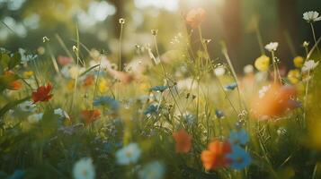 ai generado vibrante flores silvestres florecer en medio de lozano verde prado y claro azul cielo foto