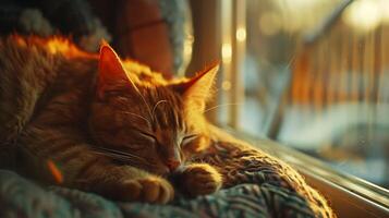 AI generated Domestic Cat Enjoys Cozy Sunlit Nap by the Window photo