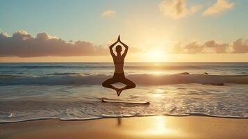 ai generado tranquilo playa yoga amanecer quietud y agraciado presencia crear atmósfera de serenidad foto