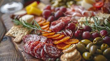 AI generated Artfully Arranged Charcuterie Board with Assorted Cheeses Cured Meats and Fruits in Soft Natural Light photo