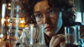 AI generated Focused Female Scientist Analyzing Chemical Solution in Laboratory Surrounded by Glassware and Equipment photo