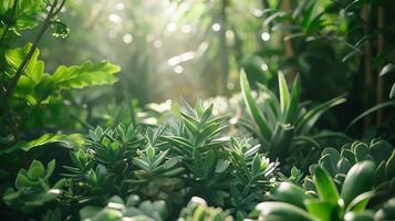 ai generado lozano suculento jardín brilla en suave natural ligero capturado con 50 mm lente foto