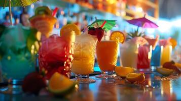 AI generated Vibrant Cocktail Array Adorned with Fresh Fruits and Decorative Umbrellas atop Bar Counter captured with 50mm lens photo