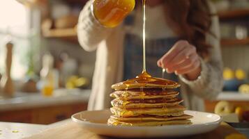 AI generated Woman Enjoying Pancakes with Drizzled Honey in Rustic Kitchen Scene photo