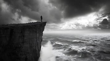 AI generated Resolute Figure Faces Turbulent Ocean Conveying Strength and Perseverance in the Midst of Adversity photo