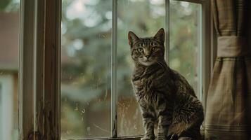 AI generated Curious Tabby Cat Basks in Soft Light on Windowsill photo