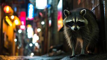 AI generated Urban Raccoon Family Navigating the Concrete Jungle Illuminated by Neon Lights Amidst the Symphony of City Sounds photo