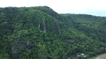 aérien vue de vert tropical falaises. en volant plus de Montagne pistes avec luxuriant verdure. la nature paysage avec drone cinématique mouvement. video