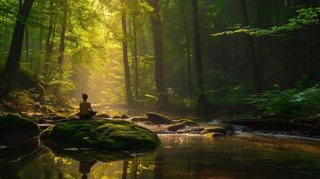 ai generado sereno Mañana meditación en iluminado por el sol bosque claro en medio de flores silvestres y balbuceo corriente foto