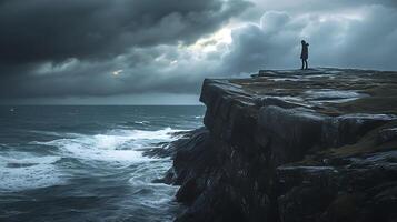 AI generated Resilient Figure Braving Stormy Cliff Embracing Hope Amidst Adversity photo