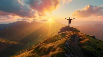 ai generado empoderado figura abraza amanecer encima montaña sereno Valle abajo evoca esperanza y renovación foto