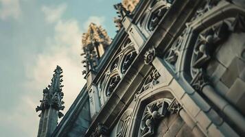 AI generated Neogothic Cathedral Spire Intricate Stonework and Flying Buttresses Captured in Detailed 50mm Closeup photo