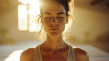 AI generated Woman Cultivates Serenity in Lush Forest Bathed in Soft Natural Light photo