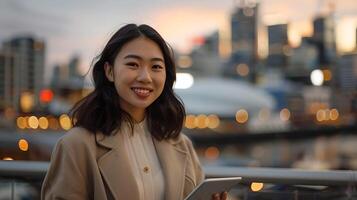 AI generated Confident Young Woman Strikes Pose Next to Vintage Red Motorcycle in Urban Cityscape photo