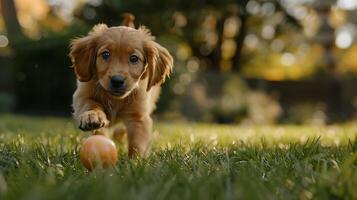 ai generado juguetón perrito persecuciones pelota en herboso parque capturado en amplio ángulo lente foto