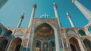 AI generated Stunning Mosque Showcases Intricate Architecture Against Clear Blue Sky photo