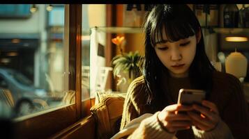 AI generated Person Engages with Smartphone in Warmly Lit Scene photo