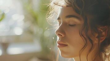 AI generated Young Woman Practices Yoga in Bright Airy Room Bathed in Soft Natural Light photo