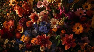 ai generado clasificado flores arreglado en rústico florero en contra suave antecedentes capturado en de cerca con 50 mm lente foto