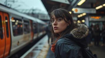 AI generated Woman Waits on Subway Platform Amidst Commuters and Advertisements photo