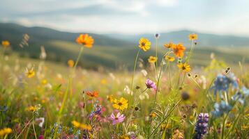 AI generated Colorful Wildflower Field Bathed in Soft Natural Light Embraced by Blurred Rolling Hills photo