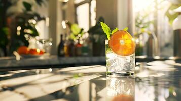 AI generated Refreshingly CitrusInfused Cocktail on Marble Bar Topped with Citrus Slice and Mint Sprig photo