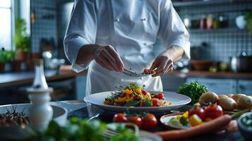 AI generated Professional Chef Masterfully Slices Fresh Vegetables in Soft Natural Light photo