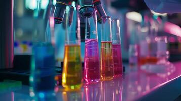 AI generated Colorful Chemical Experiment Scientist Adjusting Microscope Amid Test Tubes and Beakers photo