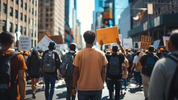 ai generado diverso multitud marchas mediante ciudad calles vibrante señales urbano paisaje capturado con amplio lente foto