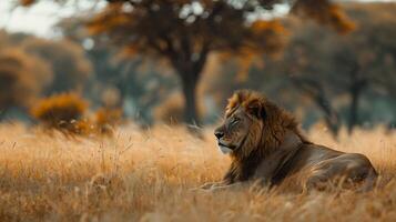 ai generado majestuoso león descansando en dorado sabana césped retroiluminado por borroso acacia arboles foto