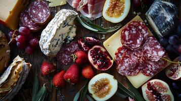 ai generado ingeniosamente arreglado charcutería tablero vitrinas rústico elegancia con quesos carnes frutas y nueces en suave natural ligero foto