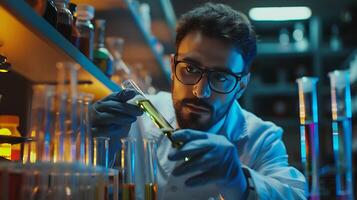AI generated Scientist Performs Precise Experiment with Liquid in Lab Surrounded by Scientific Equipment photo
