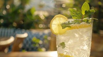 AI generated Iced Lemonade Refreshment Closeup with Lemon and Mint Condensation Focus Sunny Patio Background photo