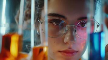 AI generated Young Female Scientist Examines Colorful Test Tube Surrounded by Laboratory Equipment photo