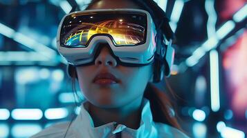 ai generado entusiasta joven mujer abraza virtual realidad en brillante futurista habitación con vr gafas de protección y alta tecnología equipo foto