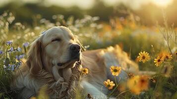 AI generated Relaxed Golden Retriever Lounges in Wildflower Field Bathed in Soft Natural Light photo