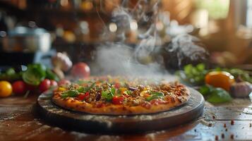 AI generated Freshly Baked Pizza on Rustic Table Steamy Cheese and Colorful Toppings Captured in Closeup with 50mm Lens photo