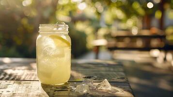 ai generado refrescante limonada en masón tarro en rústico mesa en soleado jardín foto