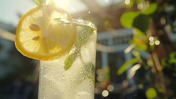 AI generated Refreshing Iced Lemonade with Lemon and Mint Captured in Closeup with Emphasis on Condensation photo