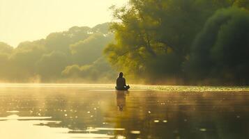 ai generado Mañana yoga por el aislado lago serenidad y armonía en medio de naturalezas dorado resplandor foto