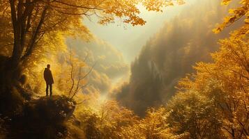 AI generated Contemplative Figure Embracing Autumnal Change Gazing Over Sunlit Valley with Determination photo