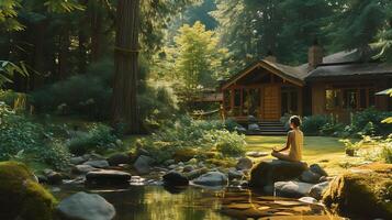 ai generado sereno bosque retirada yoga meditación y acogedor cabina en naturalezas abrazo foto