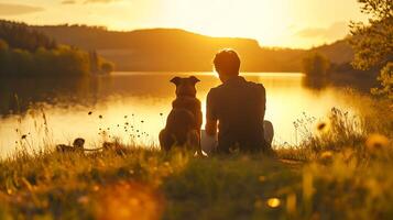 AI generated Tranquil Sunset Moment Person and Dog Share Contentment and Companionship Amid Serene Natural Surroundings photo