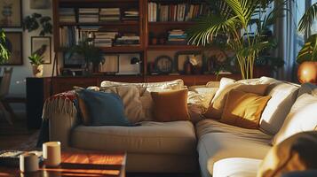 AI generated Cozy Living Room Bathed in Warm Natural Light Complete with Sofa Coffee Table and Bookshelf Full of Books photo