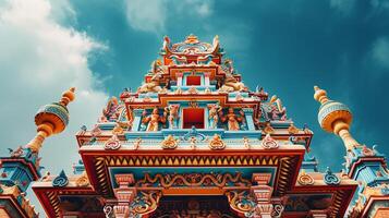 AI generated Ornate Temple Facade Shines Against Bright Blue Sky Showcasing Intricate Carvings and Vibrant Colors photo